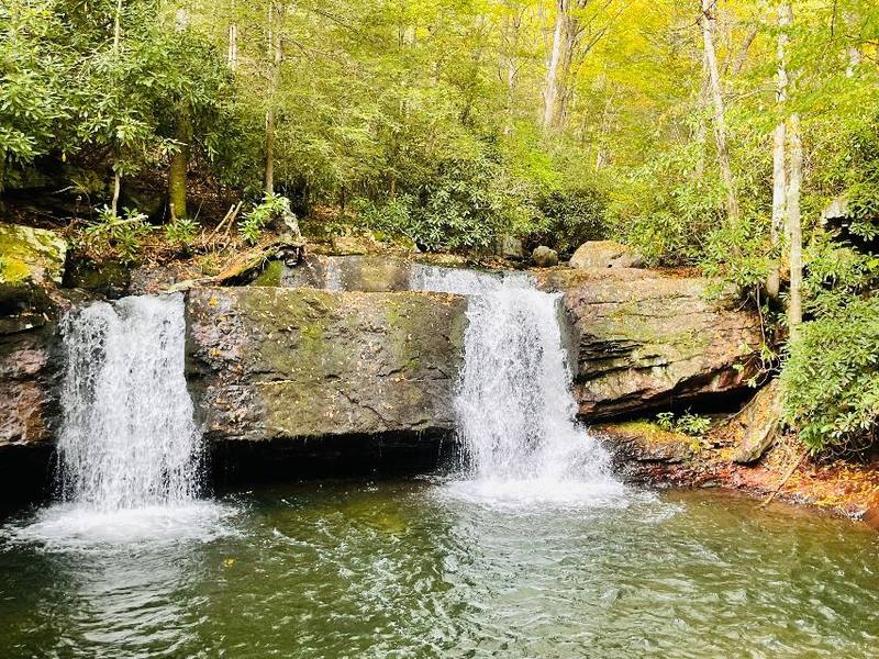 A two-tier waterfall pouring into a green swimming hole framed by mossy rock ledges